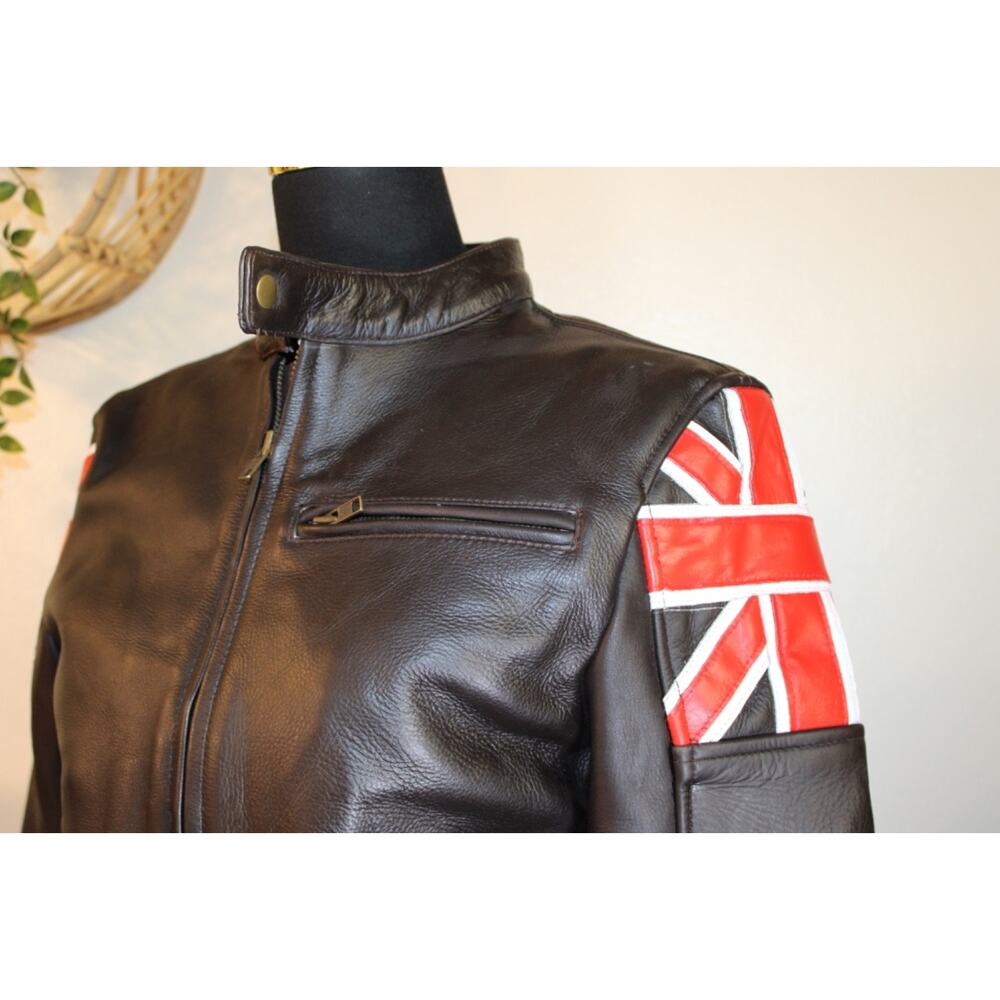 Vintage Black Leather Moto Jacket Union Jack Sleeves | Heavyweight Biker Style |